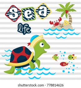 vector cartoon of funny turtle wearing sailor hat with marine animals