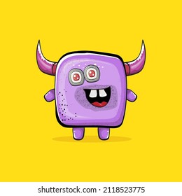 Vector cartoon funny violet monster with horn isolated on yellow background. Smiling silly violet monster print sticker design template. Ghost, troll, gremlin, goblin, devil and monster