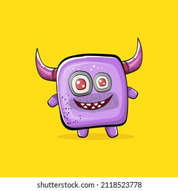 Vector cartoon funny violet monster with horn isolated on yellow background. Smiling silly violet monster print sticker design template. Ghost, troll, gremlin, goblin, devil and monster