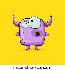 Vector cartoon funny violet monster with horn isolated on yellow background. Smiling silly violet monster print sticker design template. Ghost, troll, gremlin, goblin, devil and monster
