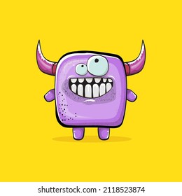 Vector cartoon funny violet monster with horn isolated on yellow background. Smiling silly violet monster print sticker design template. Ghost, troll, gremlin, goblin, devil and monster