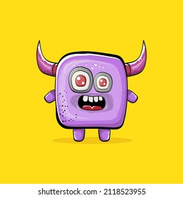 Vector cartoon funny violet monster with horn isolated on yellow background. Smiling silly violet monster print sticker design template. Ghost, troll, gremlin, goblin, devil and monster