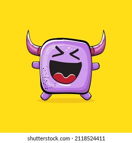 Vector cartoon funny violet monster with horn isolated on yellow background. Smiling silly violet monster print sticker design template. Ghost, troll, gremlin, goblin, devil and monster