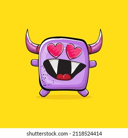 Vector cartoon funny violet monster with horn isolated on yellow background. Smiling silly violet monster print sticker design template. Ghost, troll, gremlin, goblin, devil and monster