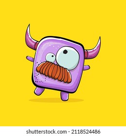 Vector cartoon funny violet monster with horn isolated on yellow background. Smiling silly violet monster print sticker design template. Ghost, troll, gremlin, goblin, devil and monster