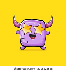 Vector cartoon funny violet monster with horn isolated on yellow background. Smiling silly violet monster print sticker design template. Ghost, troll, gremlin, goblin, devil and monster