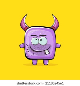 Vector cartoon funny violet monster with horn isolated on yellow background. Smiling silly violet monster print sticker design template. Ghost, troll, gremlin, goblin, devil and monster