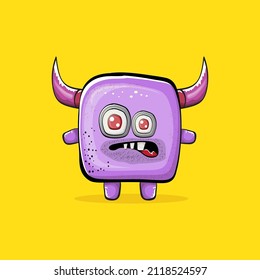 Vector cartoon funny violet monster with horn isolated on yellow background. Smiling silly violet monster print sticker design template. Ghost, troll, gremlin, goblin, devil and monster