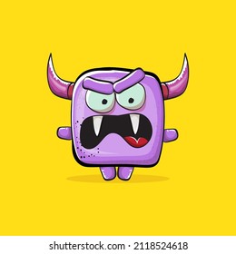 Vector cartoon funny violet monster with horn isolated on yellow background. Smiling silly violet monster print sticker design template. Ghost, troll, gremlin, goblin, devil and monster