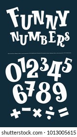 Vector cartoon Funny white numbers set on black background in different size. Division, exclamation point, multiplication, percent, equals, minus in dark background