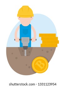 Vector cartoon funny worker with helmet takes the bitcoin - cryptocurrency in the land. Isolated white background.