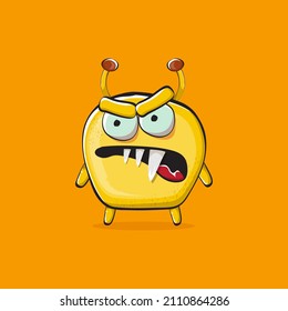 Vector cartoon funny yellow alien monster isolated on orange background. Smiling silly yellow monster print sticker design template. Cute Ghost, troll, gremlin, goblin, devil and monster