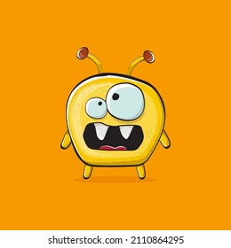 Caricatura vectorial monstruo extraño amarillo gracioso aislado en el fondo naranja. Plantilla de diseño de pegatinas de impresión amarilla. Fantasma, troll, gavilán, goblin, diablo y monstruo