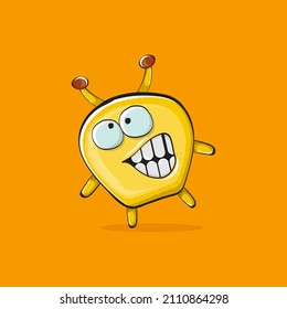 Vector cartoon funny yellow alien monster isolated on orange background. Smiling silly yellow monster print sticker design template. Cute Ghost, troll, gremlin, goblin, devil and monster
