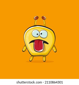 Vector cartoon funny yellow alien monster isolated on orange background. Smiling silly yellow monster print sticker design template. Cute Ghost, troll, gremlin, goblin, devil and monster