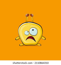 Vector cartoon funny yellow alien monster isolated on orange background. Smiling silly yellow monster print sticker design template. Cute Ghost, troll, gremlin, goblin, devil and monster