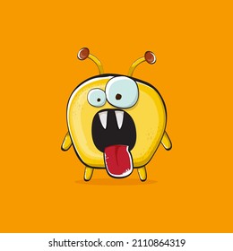 Vector cartoon funny yellow alien monster isolated on orange background. Smiling silly yellow monster print sticker design template. Cute Ghost, troll, gremlin, goblin, devil and monster