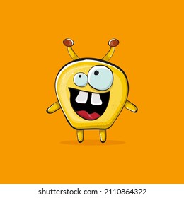 Vector cartoon funny yellow alien monster isolated on orange background. Smiling silly yellow monster print sticker design template. Cute Ghost, troll, gremlin, goblin, devil and monster