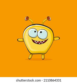 Vector cartoon funny yellow alien monster isolated on orange background. Smiling silly yellow monster print sticker design template. Cute Ghost, troll, gremlin, goblin, devil and monster