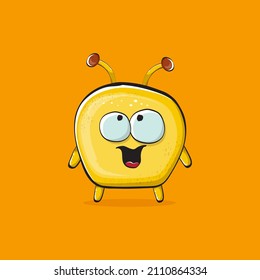 Vector cartoon funny yellow alien monster isolated on orange background. Smiling silly yellow monster print sticker design template. Cute Ghost, troll, gremlin, goblin, devil and monster