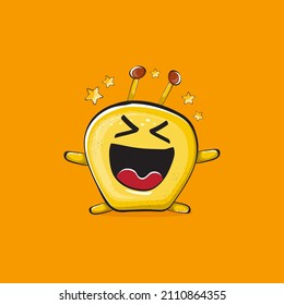Vector cartoon funny yellow alien monster isolated on orange background. Smiling silly yellow monster print sticker design template. Cute Ghost, troll, gremlin, goblin, devil and monster