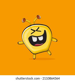 Vector cartoon funny yellow alien monster isolated on orange background. Smiling silly yellow monster print sticker design template. Cute Ghost, troll, gremlin, goblin, devil and monster