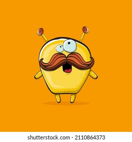 Vector cartoon funny yellow alien monster isolated on orange background. Smiling silly yellow monster print sticker design template. Cute Ghost, troll, gremlin, goblin, devil and monster