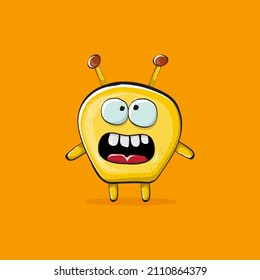 Vector cartoon funny yellow alien monster isolated on orange background. Smiling silly yellow monster print sticker design template. Cute Ghost, troll, gremlin, goblin, devil and monster