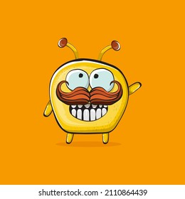 Vector cartoon funny yellow alien monster isolated on orange background. Smiling silly yellow monster print sticker design template. Cute Ghost, troll, gremlin, goblin, devil and monster