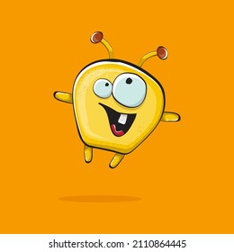 Vector cartoon funny yellow alien monster isolated on orange background. Smiling silly yellow monster print sticker design template. Cute Ghost, troll, gremlin, goblin, devil and monster