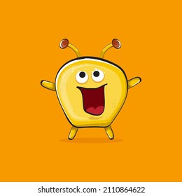 Vector cartoon funny yellow alien monster isolated on orange background. Smiling silly yellow monster print sticker design template. Cute Ghost, troll, gremlin, goblin, devil and monster