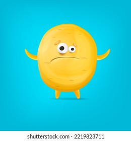 Vector cartoon funny yellow alien monster isolated on blue background. Sad silly yellow monster print sticker design template. Cute sad Ghost, troll, gremlin, goblin, devil and halloween monster