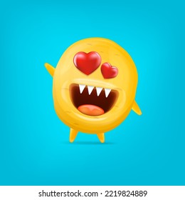 Vector cartoon funny yellow alien monster with heart eyes isolated on blue background. Silly monster print sticker design template. Cute Ghost, troll, gremlin, goblin, devil and halloween monster