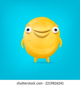 Vector cartoon funny yellow alien monster isolated on blue background. Smiling silly yellow monster print sticker design template. Cute Ghost, troll, gremlin, goblin, devil and halloween monster