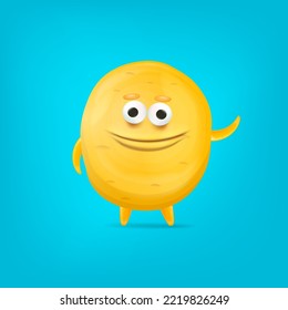 Vector cartoon funny yellow alien monster isolated on blue background. Smiling silly yellow monster print sticker design template. Cute Ghost, troll, gremlin, goblin, devil and halloween monster