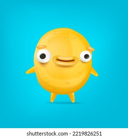 Vector cartoon funny yellow alien monster isolated on blue background. Smiling silly yellow monster print sticker design template. Cute Ghost, troll, gremlin, goblin, devil and halloween monster