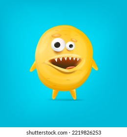 Vector cartoon funny yellow alien monster isolated on blue background. Smiling silly yellow monster print sticker design template. Cute Ghost, troll, gremlin, goblin, devil and halloween monster