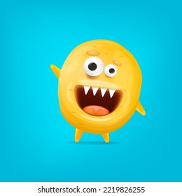 Vector cartoon funny yellow alien monster isolated on blue background. Smiling silly yellow monster print sticker design template. Cute Ghost, troll, gremlin, goblin, devil and halloween monster