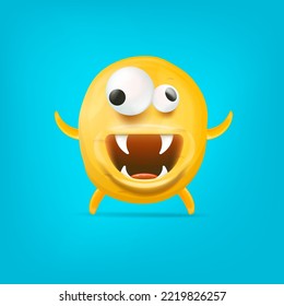 Vector cartoon funny yellow alien monster isolated on blue background. Smiling silly yellow monster print sticker design template. Cute Ghost, troll, gremlin, goblin, devil and halloween monster