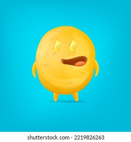 Vector cartoon funny yellow alien monster isolated on blue background. Smiling silly yellow monster print sticker design template. Cute Ghost, troll, gremlin, goblin, devil and halloween monster