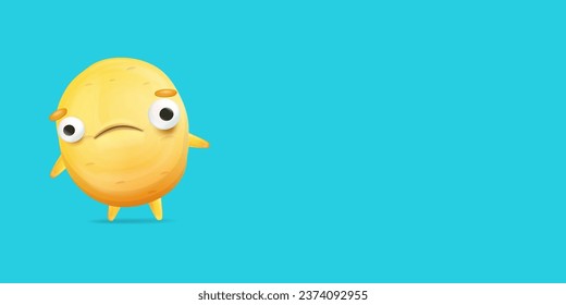 Vector cartoon funny yellow alien monster isolated on blue background. Sad silly yellow monster print sticker design template. Cute sad Ghost, troll, gremlin, goblin, devil and halloween monster