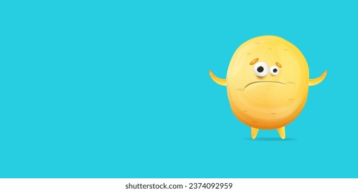 Vector cartoon funny yellow alien monster isolated on blue background. Sad silly yellow monster print sticker design template. Cute sad Ghost, troll, gremlin, goblin, devil and halloween monster