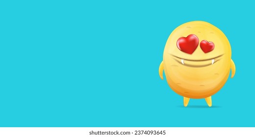 Vector cartoon funny yellow alien monster with heart eyes isolated on blue background. Silly monster print sticker design template. Cute Ghost, troll, gremlin, goblin, devil and halloween monster