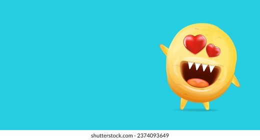 Vector cartoon funny yellow alien monster with heart eyes isolated on blue background. Silly monster print sticker design template. Cute Ghost, troll, gremlin, goblin, devil and halloween monster