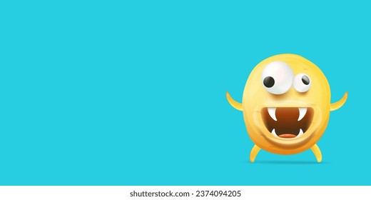 Vector cartoon funny yellow alien monster isolated on blue background. Smiling silly yellow monster print sticker design template. Cute Ghost, troll, gremlin, goblin, devil and halloween monster