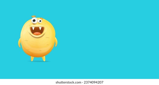 Vector cartoon funny yellow alien monster isolated on blue background. Smiling silly yellow monster print sticker design template. Cute Ghost, troll, gremlin, goblin, devil and halloween monster