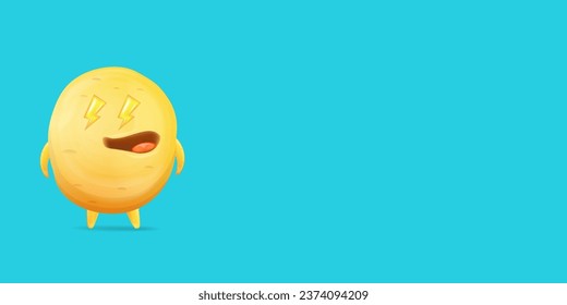 Vector cartoon funny yellow alien monster isolated on blue background. Smiling silly yellow monster print sticker design template. Cute Ghost, troll, gremlin, goblin, devil and halloween monster