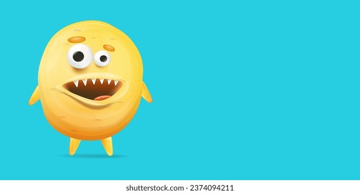 Vector cartoon funny yellow alien monster isolated on blue background. Smiling silly yellow monster print sticker design template. Cute Ghost, troll, gremlin, goblin, devil and halloween monster