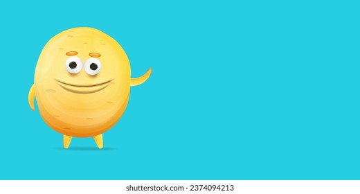 Vector cartoon funny yellow alien monster isolated on blue background. Smiling silly yellow monster print sticker design template. Cute Ghost, troll, gremlin, goblin, devil and halloween monster