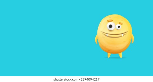 Vector cartoon funny yellow alien monster isolated on blue background. Smiling silly yellow monster print sticker design template. Cute Ghost, troll, gremlin, goblin, devil and halloween monster